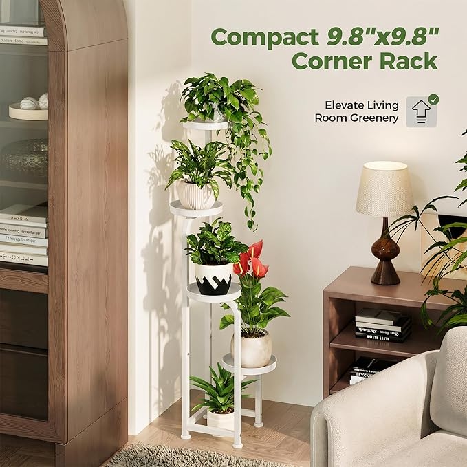 Bamworld Corner Plant Stand Indoor Outdoor Tall Metal Flower Pot Stands | 4 Tier White Heavy Duty Plant Shelf for Multiple Plants, Patio Garden Balcony Living Room Bedroom(Patent Design)