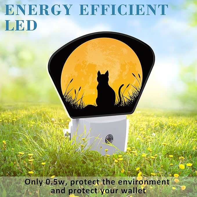 Cat Sitting in Grass Field Night Light for Kids Girls Boys, Full Moon LED Night Light Plug into Wall with Dusk to Dawn Sensor for Bedroom, Hallway, Kitchen, Bathroom, Stairs Decor