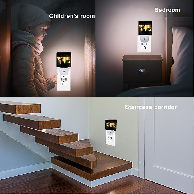 Golden World Map Night Light,Nautical Theme Night Lights Plug into Wall Led Night for Boys Girls Gifts, Dusk to Dawn Sensor Nightlight 0.5W Sleep Friendly