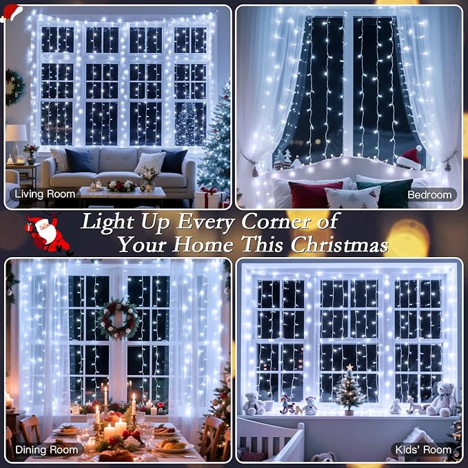 200 LED Cool White Curtain String Lights 9.8x6.6FT, Plug in Fairy Lights with 9 Hooks Dimmable Timer & 8 Modes, IP44 Waterproof, Bedroom Office Wall Wedding Party Christmas Indoor Outdoor Decor