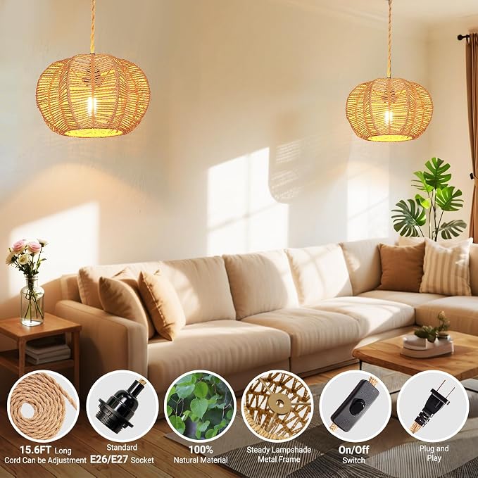 Hanging Light Fixture with Plug in Cord with on Off Switch, Rattan Pendant Lights Boho Lamp Ceiling Light, Plug in Pendant Light Hanging Lamp Shades for Living Room Decor Bedroom Kitchen
