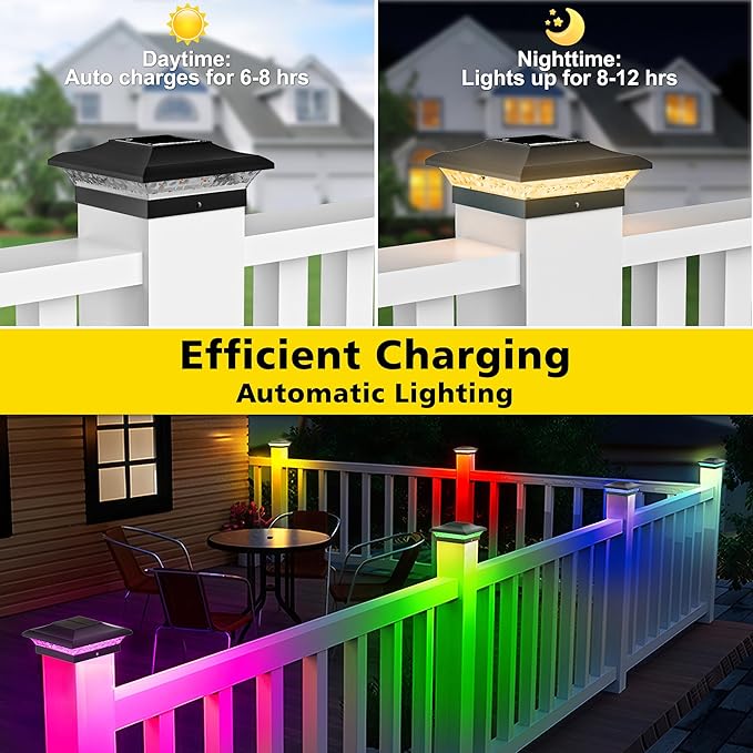 T-SUN Solar Post Cap Lights with Auto-Change Colors- for Vinyl/Wooden Posts IP65 Weatherproof Outdoor Solar Fence Post Lights for Deck, Porch, Garden & Stairs(12-Pack,RGB)