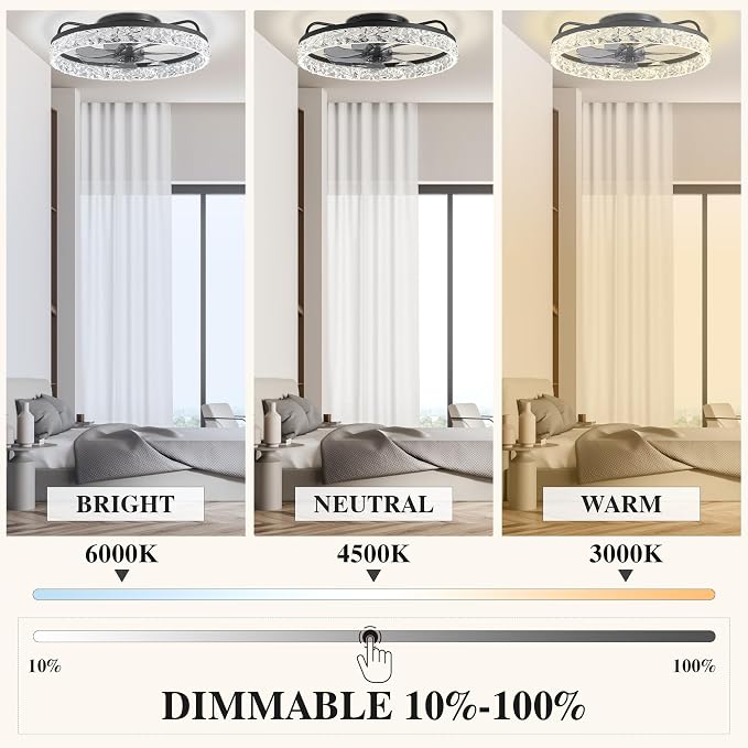 Ceiling Fans with Lights and Remote Fandelier - White 20'' Flush Mount Low Profile Modern Ceiling Fans for Bedroom - Stepless Color Temperature and 6 Speeds, White