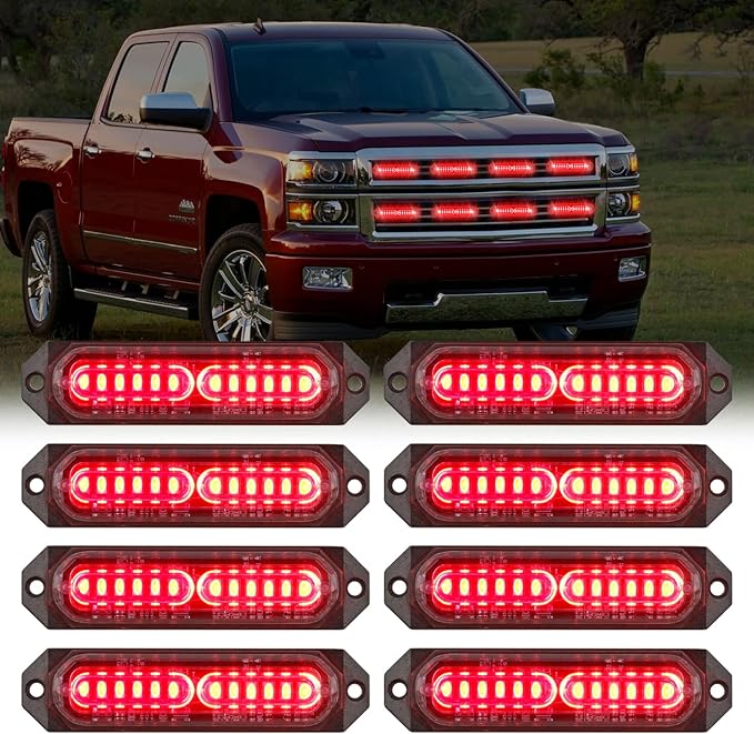 Nilight 8PCS Led Strobe Lights 12LED Red Emergency Light 12V 24V Surface Mount Flashing Warning Hazard Beacon Ultra Slim Sync Feature Mini Grille for Cars Trucks Off Road Vehicles SUV