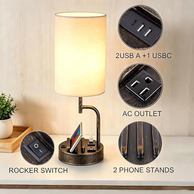 Dreamholder 2 Pack Table Lamp, Bedside Lamp with 3 USB Charging Ports & AC Outlet, USB Desk Lamp with 2 Phone Holders, Linen Fabric Shade Nightstand Lamps for Bedroom Living Room Office, Antique Brass