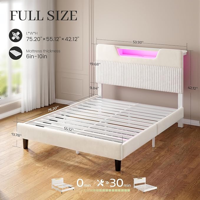 Homkdom Full Bed Frame with Charging Station & Storage Headboard,White | 1USB-C & 2USB-A Charging, RGB LED Lights,7.78" Under-bed Storage,Velvet Upholstered Headboard,No Box Spring,Easy Assembly.