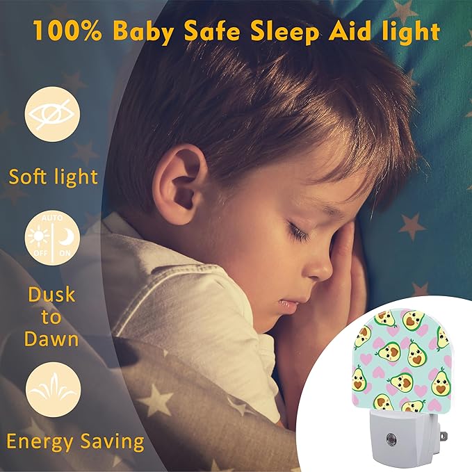 Avocado and Pink Hearts Night Light for Kids,Cute Cartoon Avocados Plug in Night Light with Dusk to Dawn Sensor, 0.5w Energy Saving Nightlight for Hallway Stairway Kitchen Bedroom