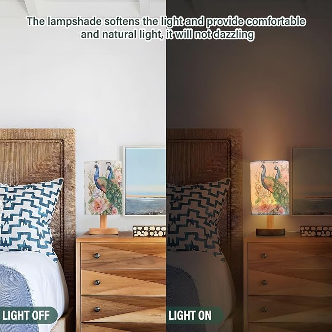 Fustylead Beautiful Peacocks and Flowers Bedside Table Lamps with USB Port for Bedroom Lamp Small Nightstand Lamp Sturdy Linen Shade Wooden Decorative Lamps for Living Room Home Dorm Kids