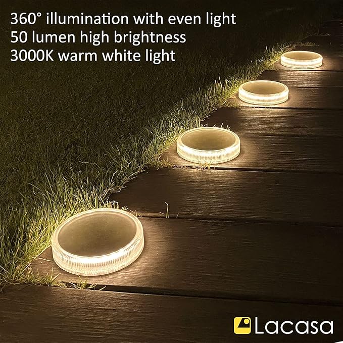 Lacasa Solar Deck Lights, Driveway Walkway Dock Light Solar Powered Outdoor Waterproof Stair Step Pathway Ground LED Lamp for Backyard Patio Garden, Auto On/Off - Warm White - 4 Pack