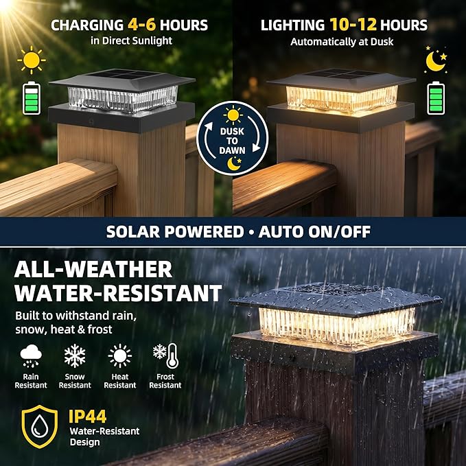 12 Pack Solar Post Cap Lights 4x4, Dual-Color Waterproof Fence Post Solar Lights, Fits 4x4 Vinyl or 3.5x3.5 Wood Posts, Dusk to Dawn Outdoor Lighting for Deck, Garden & Porch Decor, Black