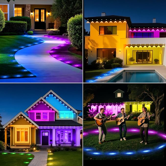 Outdoor Ground Lights 200 FT, Permanent Outdoor Lights for House with RGB Color Changing, Bluetooth Music Sync, IP67 Waterproof, Timer, for Eaves and Landscape Outdoor Lights.