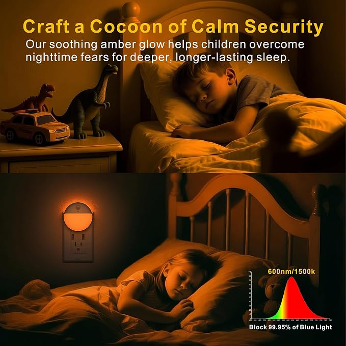 Amber Night Lights Plug into Wall, Motion Sensor Nightlight, 2 Pack | 3 Modes, Dimmable, Soft Glow 1-15lm, Auto Dusk to Dawn Sensor, Plug in LED Lights for Bedroom, Sleep, Bathroom, Nursery, Kids