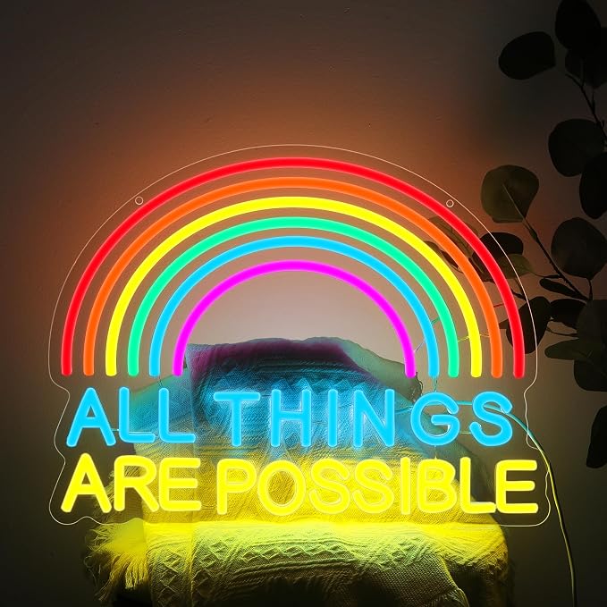 ALL THINGS ARE POSSIBLE Neon Lights, LED Neon Signs for Wall Decor, Rainbow Neon Light Sign Neon Room Decor,USB Night Lights for Bedrooms,Bookshops,Libraries, Classrooms,Florists, Parties, Holiday Gifts(16.5*12.6in)