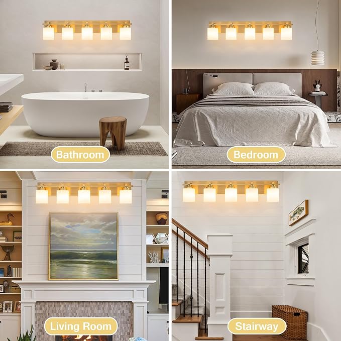 Modern Bathroom Light Fixtures Over Mirror, Vanity Lights for Bathroom Wall Sconces with Milky White Glass Shades, E26 Socket (Bulbs Not Included), 5 Light, Brass