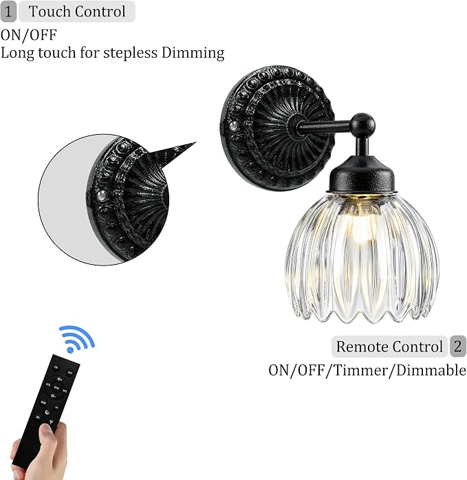Battery Operated Wall Sconce, Vintage Wall Light, 2 Pack, Clear Tulip Glass | Black Metal Base, 5200mAh Rechargeable, Dimmable LED, Remote Control, Cordless, Bedside, Bedroom, Doorway, Living Room