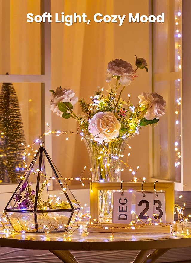 Flowing Fairy Lights Plug in with 14 Modes, 10FT 388LED Twinkle String Lights Indoor, Christmas Tree Lights Indoor Waterproof for Bedroom Christmas Home Room Decor, Warm White + Cool White