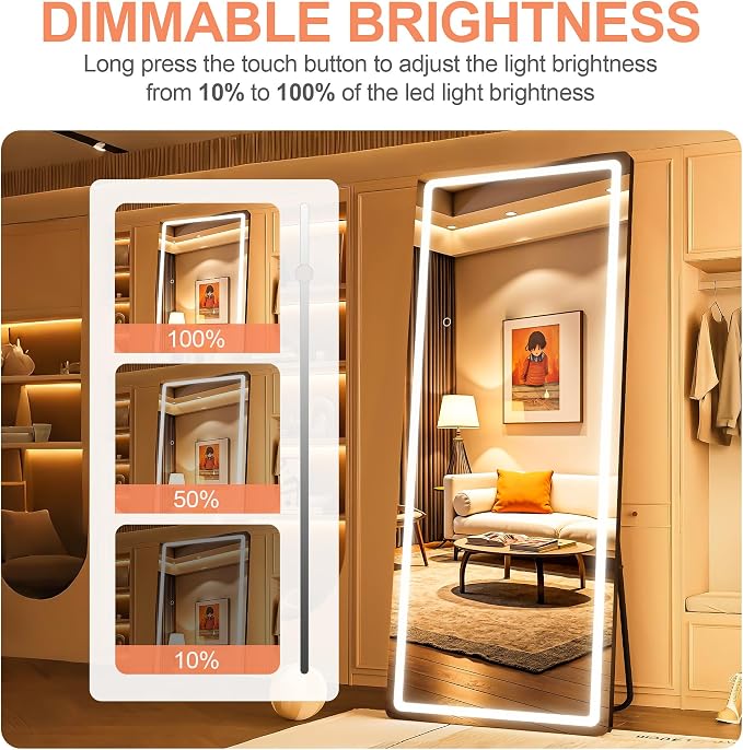 Full Length Mirror with Lights, 56" x 15.8" LED Lighted Floor Standing Body Mirror, Dimmable & 3 Color Lighting for Cloakroom, Dressing Room, Tempered Glass, Rounded Corner Black