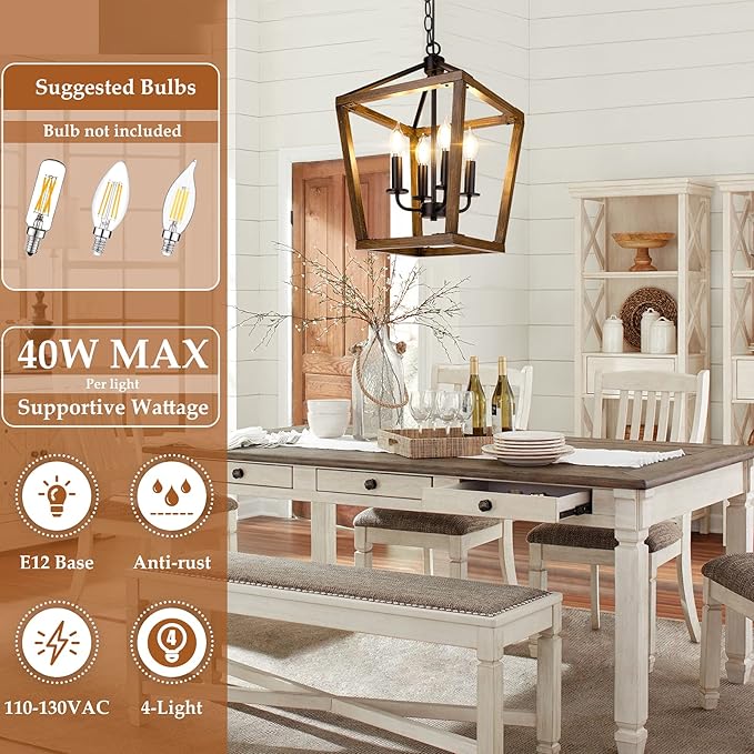 Farmhouse Chandelier Light Fixture for Kitchen Dining Room, 4-Light Rustic Pendant Hanging Ceiling Light Height Adjustable in Oak Wood Finish, Cage Lantern Lighting with E12 Base for Hallway Foyer | Industrial Kitchen Lantern chandelier Over Table, Pen...