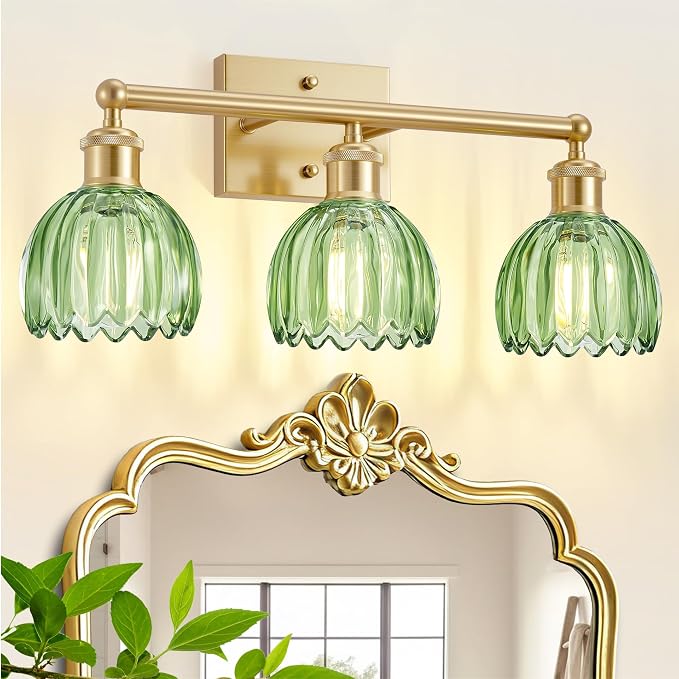 Bathroom Light Fixtures Over Mirror,3 Light Vintage Bathroom Vanity Lights,20 in Brushed Brass Antique Vanity Light with Green Tulip Glass Shade for Bedroom, Living Room, Foyer,E26 Base