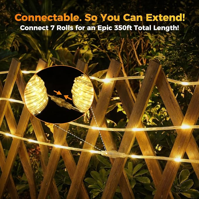 Connectable 100ft 600LED Rope Lights Plug in for Outdoor Indoor | End to End Tube Lights IP65 Waterproof with 8 Modes Remote Timer for Patio Backyards Garden Porch Pool Tree Decor, Warm White