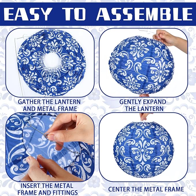 12 Pcs Chinoiserie Paper Lantern 12"10" 8" Blue and White Porcelain Print Hanging Decoration Round Lanterns for Chinese New Year Anniversary Party Wedding Home Decoration