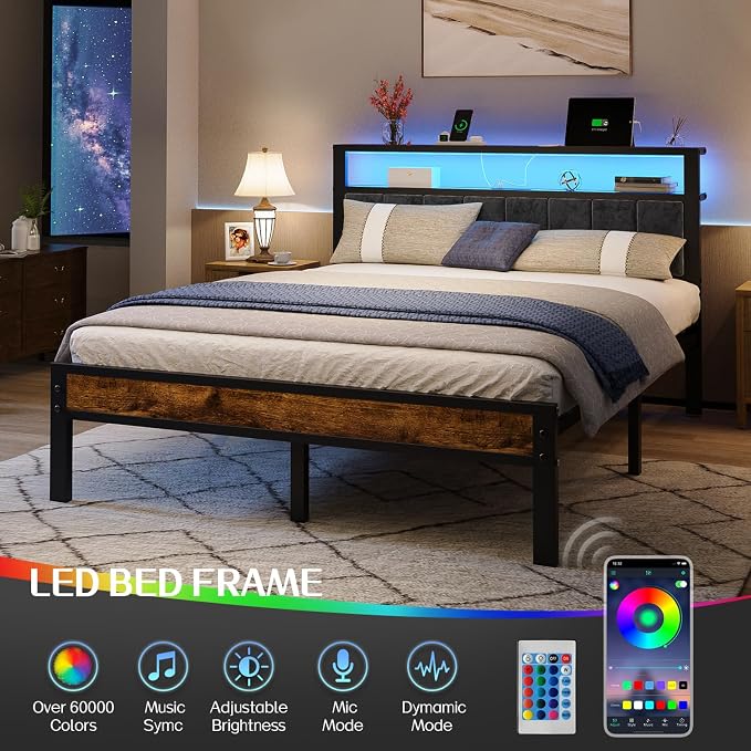 Liians Queen Size Bed Frame with 2-Tier Storage Shelf Headboard, LED Lights | Usb+Type C Charging Station, Metal Platform Bed, No Box Spring Needed, Noise Free, Easy Assembly