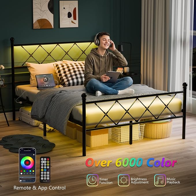 VINGLI Full Bed Frame with LED Lights & Charging Station, Metal Platform Bed Frame with Headboard, USB Ports, Under Bed Storage, Noise Free, No Box Spring Needed, Easy Assembly, Black