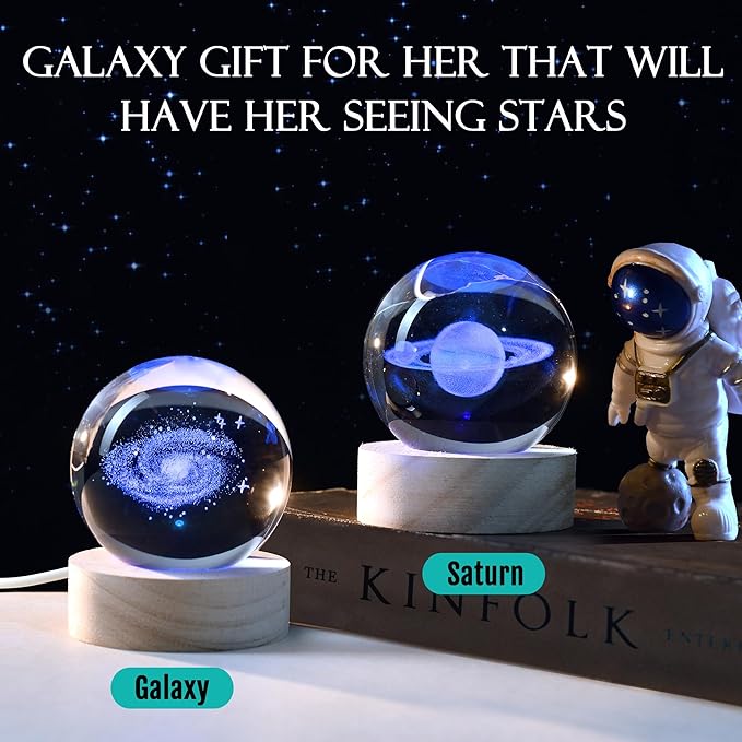 IFOLAINA 3D Galaxy Crystal Ball 2.36" Laser Engraved Glass Planet Sphere Gifts with Colorful Lighted Base Decorative Glass Ball Galaxy Model Decor Space Universe Gifts for Astronomy Lover