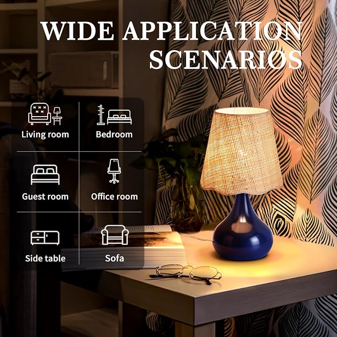 Ziqqeelam Navy Blue Small Table Lamp, Mini Bedroom Lamps for Bedside Nightstand, Rattan Shade Small Table Lamps for Small Spaces for Kitchen Counter, Bookshelf, Home Office, Living Room, Dorm