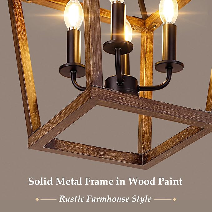 Farmhouse Chandelier Light Fixture for Kitchen Dining Room, 4-Light Rustic Pendant Hanging Ceiling Light Height Adjustable in Oak Wood Finish, Cage Lantern Lighting with E12 Base for Hallway Foyer | Industrial Kitchen Lantern chandelier Over Table, Pen...