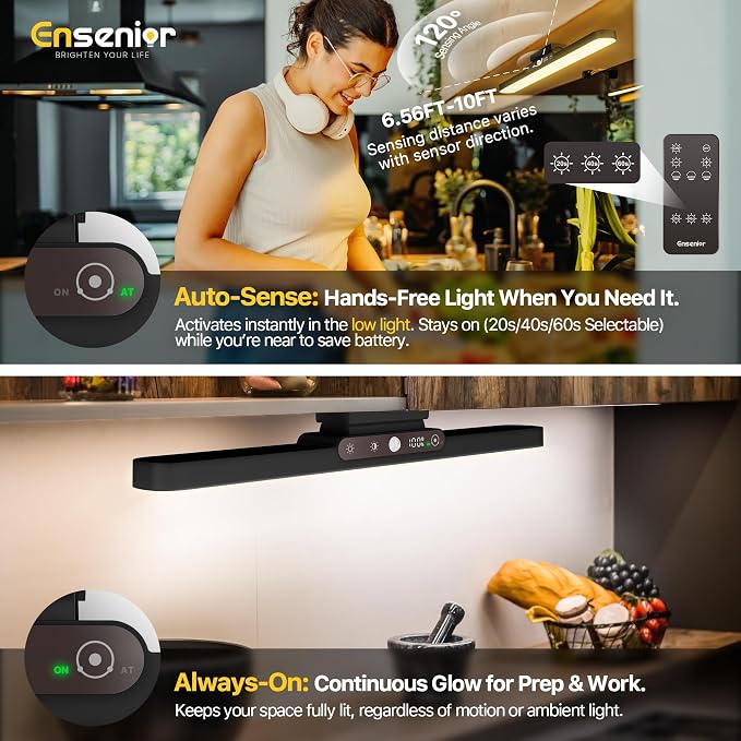 Ensenior 4W Motion Sensor Rechargeable Light Bar, Closet Lights | 2000mAh, Dimmable, Eye-Friendly, 3 Colors CRI85+, Battery Display, Wireless, Remote Control, Magnetic 130° Rotatable,Stick on