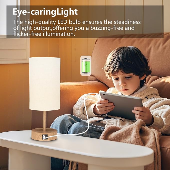 Bedside Table Lamp for Bedroom - 3 Way Dimmable Touch Lamp USB C Charging Ports and AC Outlet, Wood Base Round Flaxen Fabric Shade for Living Room, Desk,E26 Bulb Included