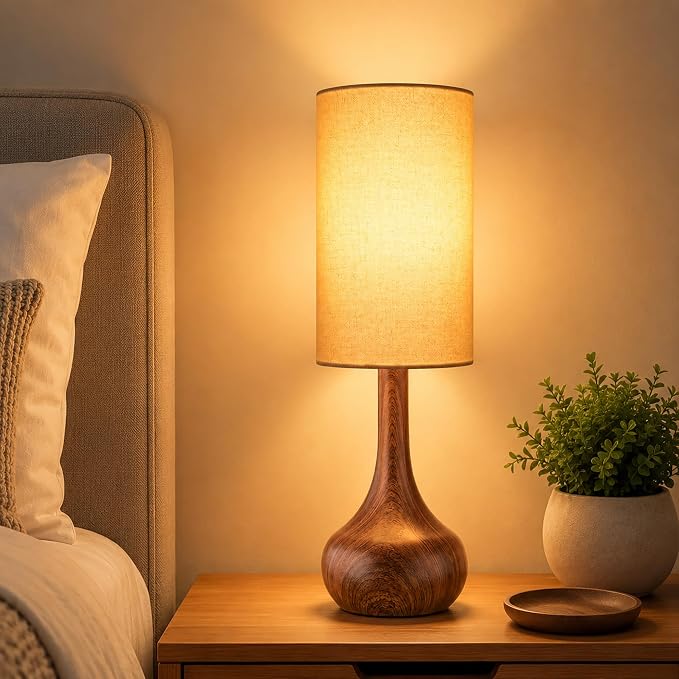 Mid Century Modern Walnut Wood Grain Table Lamp, Touch Control & 3-Way Dimmable, Space-Saving Design, Vintage Bedside Lamp for Bedroom, Living Room, Office (LED Bulb Included)