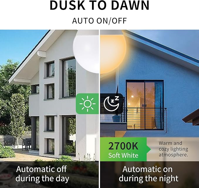 Dusk to Dawn Light Bulbs, Auto On/Off Light Sensing LED Bulbs Outdoor, Soft White, Dimmable, 12W 1000LM 75W Equivalent, HQ-H030
