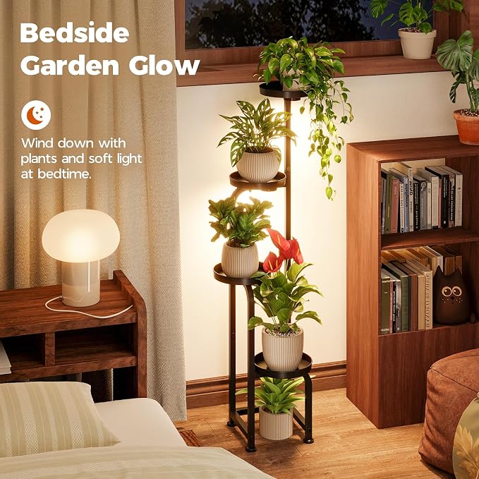 Bamworld Plant Stand with Grow Light Corner Metal Flower Pot Stands | 4 Tier Plant Shelf with Grow Lights for Patio Garden Balcony Living Room Bedroom(Patent Design)