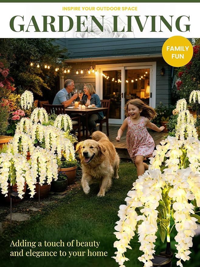 GIGALUMI 3 Pack Solar Wisteria Flowers Outdoor, 2 Modes, White | Flower Lights, IP65 Waterproof, Auto On/Off, Solar Powered, Garden Decor, for Pathway, Yard, Patio, Gardening Gifts for Women
