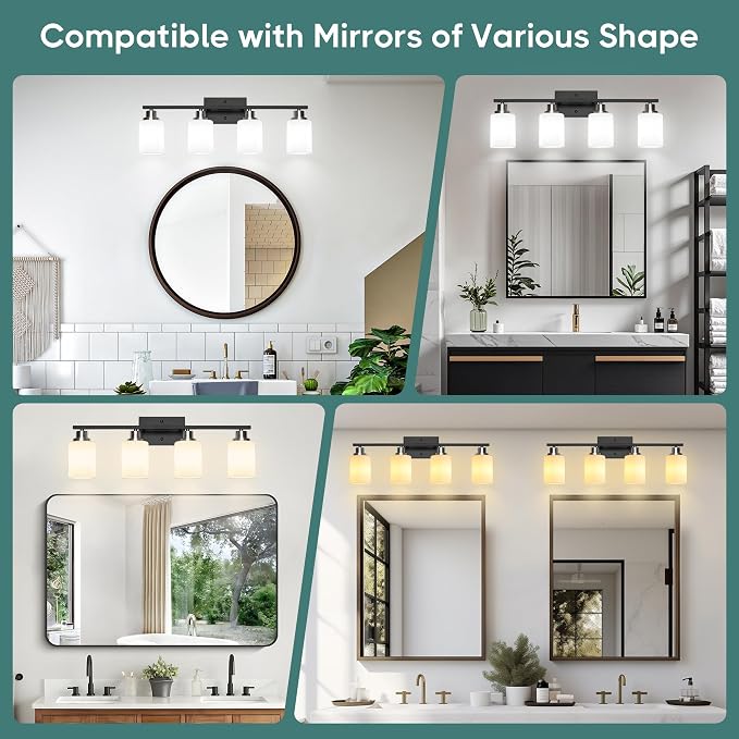 Ascher Bathroom Light Fixtures, 4-Light Vanity Light Over Mirror, Black and Nickel Wall Sconces with Milky White Frosted Glass Shades, Wall Lamp for Living Room Bedroom, E26 Base(Bulbs Not Included)