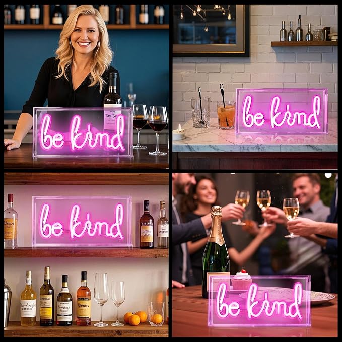 Be Kind Neon Sign, USB Powered LED Neon Light Box with ON/OFF Switch, 3D Acrylic Tabletop and Wall Decor for Girls Room, Bedroom, Classroom, Dorm, Home Office, Shelf, Christmas Birthday Gift (Pink）