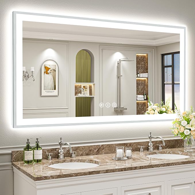 66x36 Inch Brushed Nickel LED Bathroom Mirror, Backlit & Front Lit | Silver Framed Anti-Fog Lighted Vanity Mirror with Lights, 3 Color Dimmable, Memory, HD Tempered Glass, CRI95, IP54, UL Listed