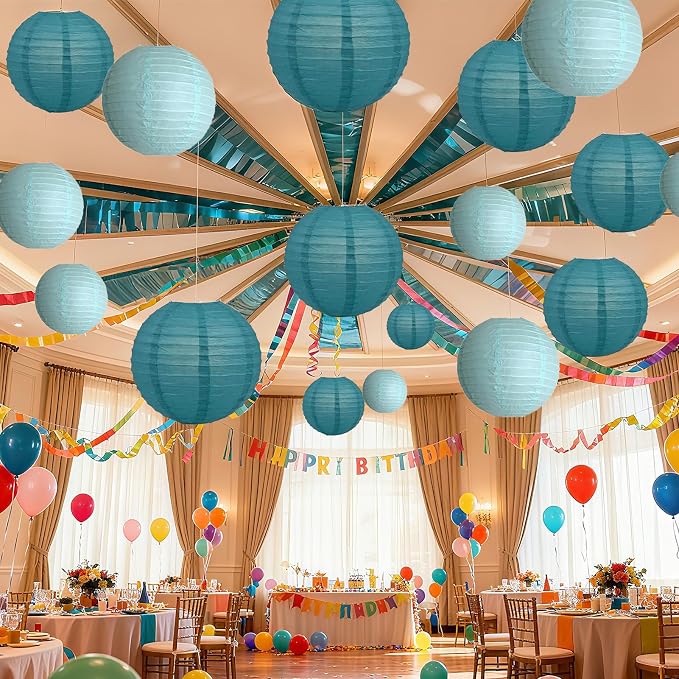 20Pcs Paper Lanterns Decorative, Teal Round Hanging Lanterns for Wedding | 6"8"10" Blue Paper Lanterns Decorations for Rustic Party Bridal Shower Birthday Baby Shower Engagement Home Classroom Decor