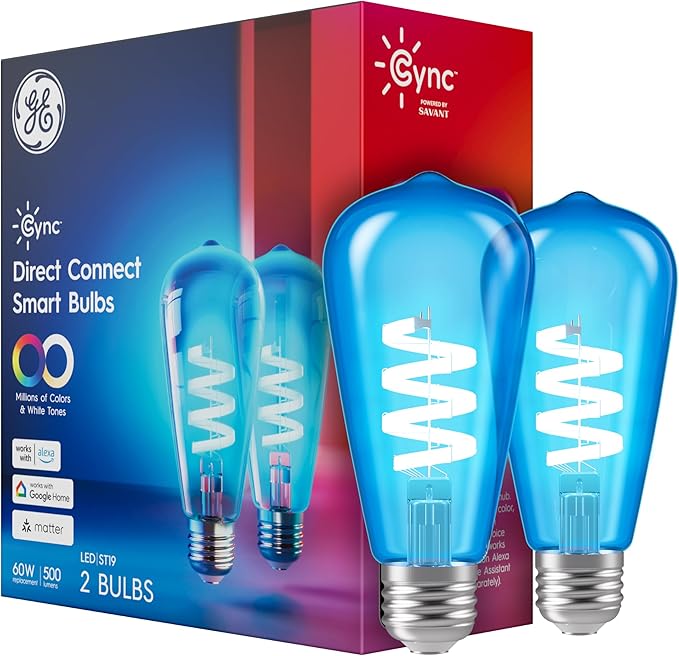 Cync GE Smart LED Light Bulb, ST19 Edison Style | Color Changing WiFi Light, 60W Equivalent, Compatible with Alexa and Google Home, Full Color, Works With Matter, 2 Pack
