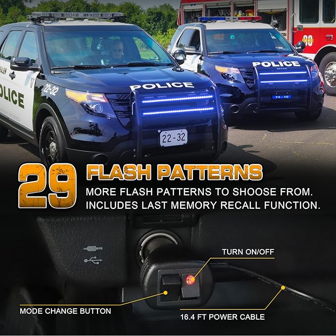 XRIDONSEN 2PCS 24 inch Truck Blue Emergency Grill Lights Strip 288 LED Grille Strobe Lights Flashing Warning Safety w/Waterproof Tube First Responder Lights for Firefighter Police Vehicles Fire Trucks