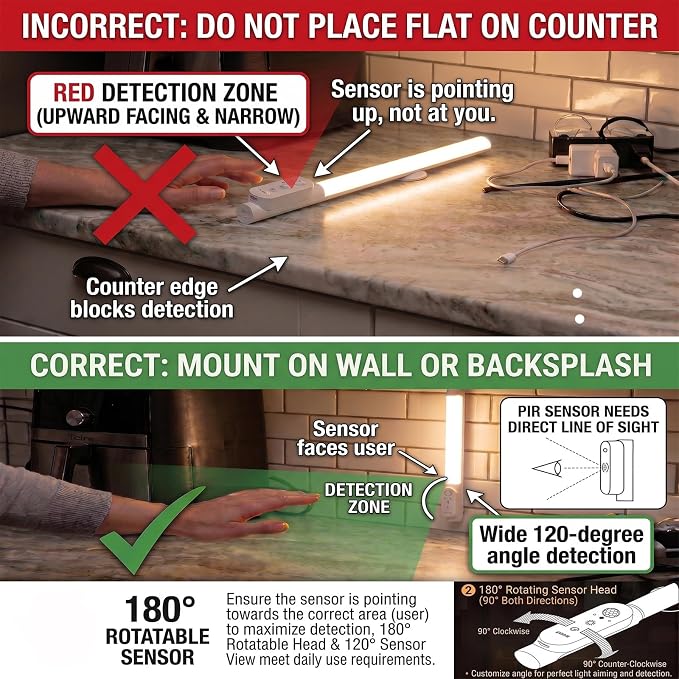 Motion Sensor Closet Lights 15.4",1800mAh Rechargeable Under Cabinet Lighting,180° Rotatable Head & 120° Sensor Wireless Closet Light, 180LM Cabinet Lights, 3 Color Modes Stick on Lights (2Pack)