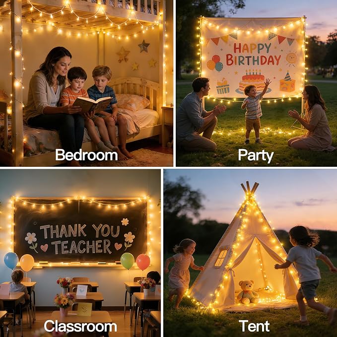 Ollny Fairy Lights Battery Operated 2 Pack, Total 200 LED 66 FT Battery String Lights, Waterproof LED Light with 8 Modes, Bedroom Indoor Outdoor Classroom Party Decorations, Warm White