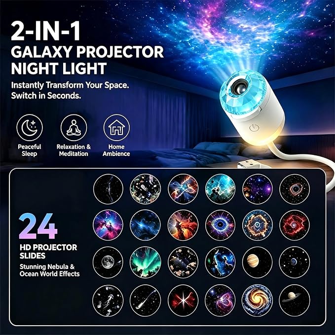 2-in-1 Galaxy Ocean HD Smart Dynamic 5D Holographic Night Light Projector | Plug and Play, USB Portable, Adjustable Brightness, 360° Rotating Design, Star Starry Sky Mini Projector for Bedroom, Blue