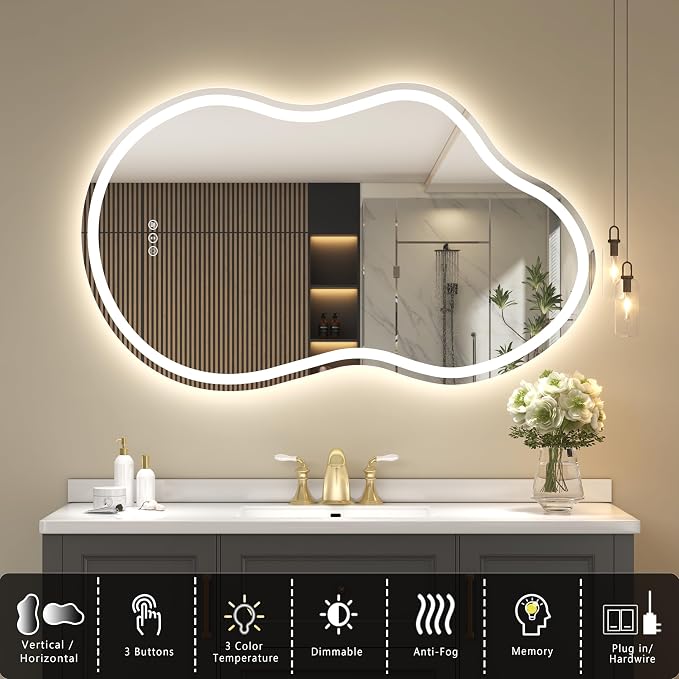 SMIROR 24x36 Irregular Led Lighted Bathroom Vanity Mirror | Asymmetrical, Cloud Shape, Front lighted + Backlit, Anti-Fog, 3 Colors, Dimmable, Memory, Tempered Glass, UL