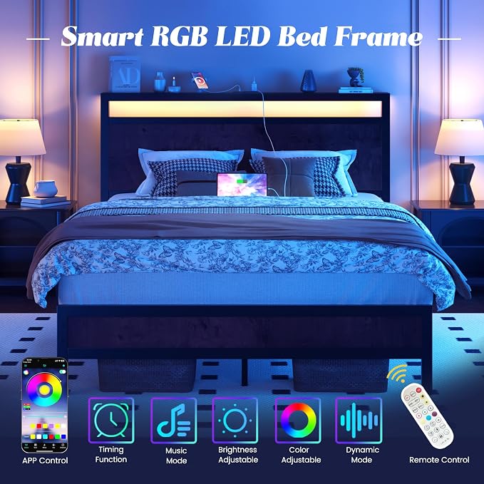 Fluest Full Bed Frame with Headboard & Footboard, Full Bed Frame with Built-in Charging Station & LED Light, Storage Shelf, Noise-Free, No Box Spring Needed, Easy Assembly, Coffee Brown