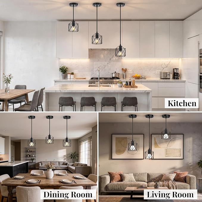 3 Light Pendant Lighting, Farmhouse Hanging Light Fixture for Kitchen Island & Dining Room, Industrial Vintage Ceiling Lamp with E26 Base, Adjustable Height, Matte Black