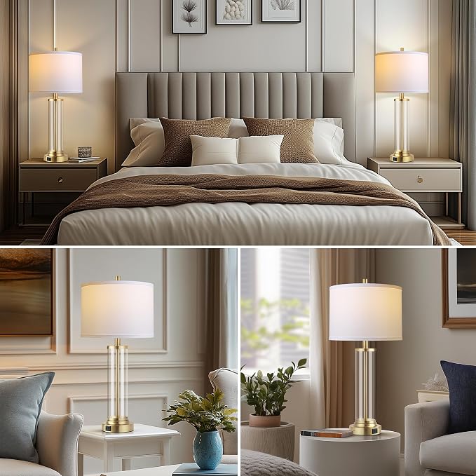 QiMH Lamps for Bedrooms Set of 2, Touch Control Table Lamps with USB A+C Ports, 3-Way Dimmable Bedside Lamp with Fabric Lampshade, Modern Nightstand Lamp for Living Room Bedroom (LED Bulbs Included) | 2 Dimmable LED Bulbs, USB A+C Charging Ports, Moder...