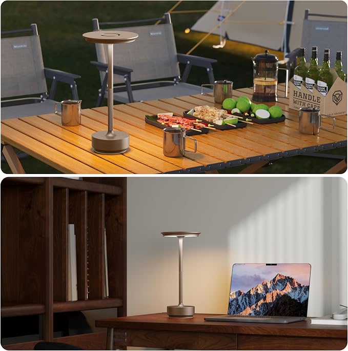 TBBGA 1 Pack Rechargeable Table Lamps Cordless, 5000mAh Outdoor Table Light | 3 Color Stepless Dimming Portable LED Table Lamp with Memory Function, for Home/Dinner/Patio/Restaurant.(Brown)